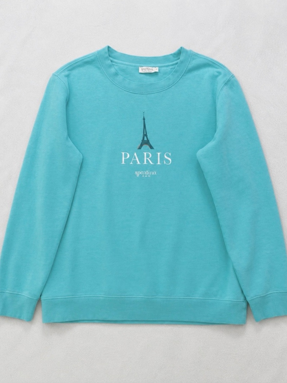Spartina 449 Paris Sweatshirt Small Teal Blue Eiffel Tower Graphic Crewneck